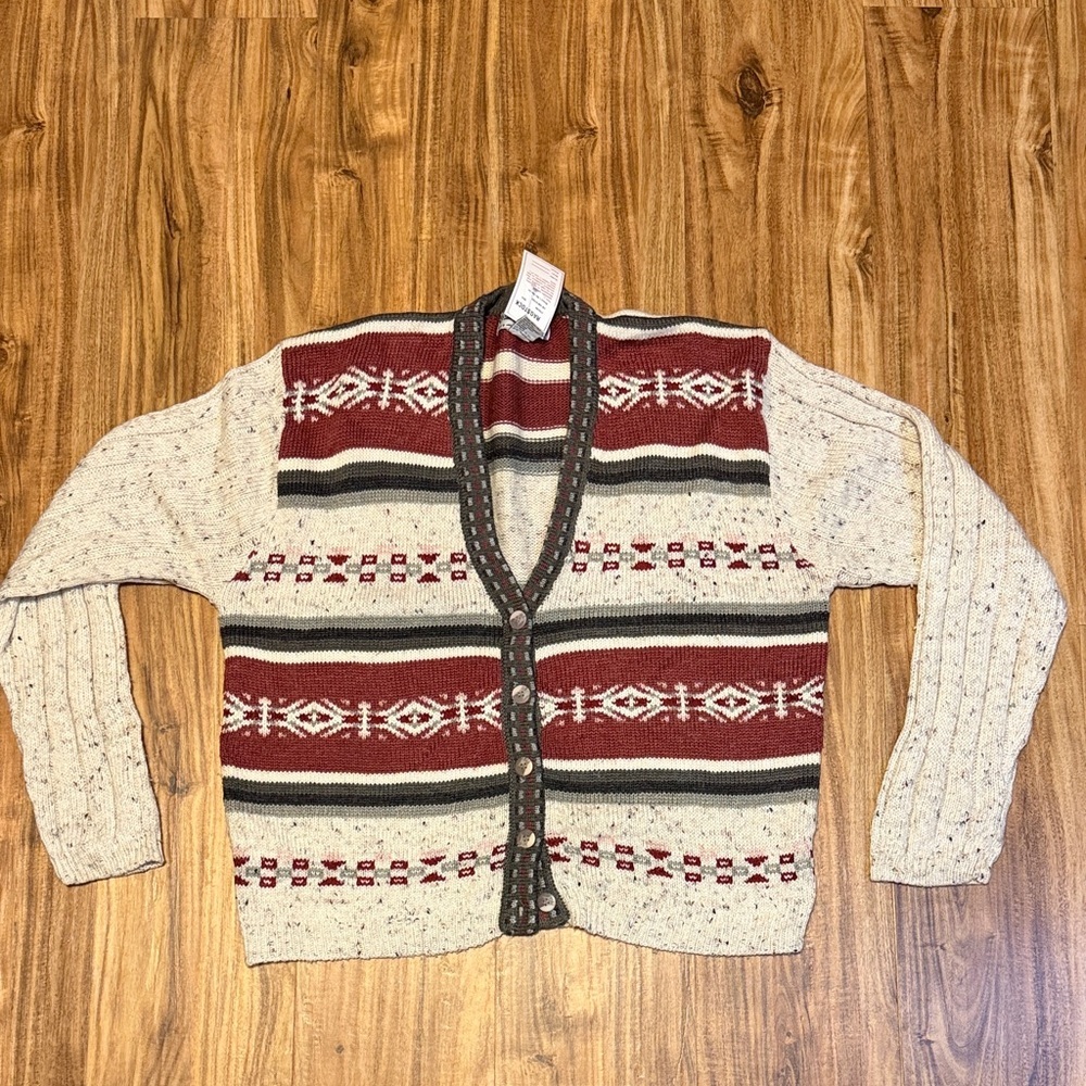 Gina Peters womens large cardigan sweater Beige natural pink grey knit stripes